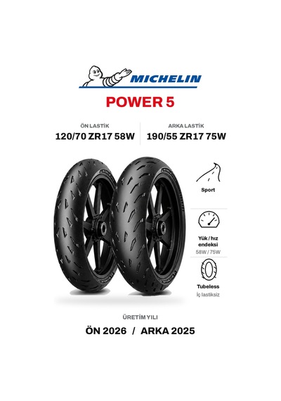 Michelin Power 5 120/70 Zr17 58w - 190/55 Zr17 75w Ön Arka Motosiklet Lastik Takımı Michelin Power 5 120/70 Zr17 58w - 190/55 Zr17 75w Ön Arka Motosiklet Lastik Takımı