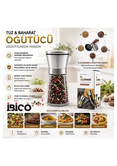Seramik Öğütücülü 5 Kademe Ayarlı Tuz Ve Karabiber El Değirmeni - 180 Ml Şeffaf Cam Hazne 13 Cm