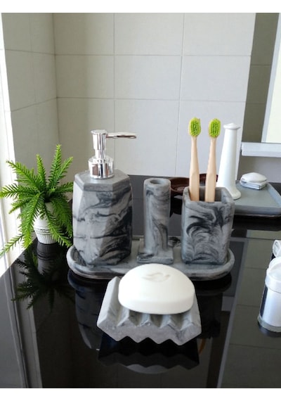 5'li Antrasit Desenli Görünümlü Banyo Seti Tuvalet Wc Sıvı Sabunluk Diş Fırçalığı Beton Antrasit Antrasit