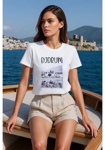 Kadın Bisiklet Yaka %100 Pamuk Bodrum Baskılı Kısa Kollu T-shirt Çok Renkli