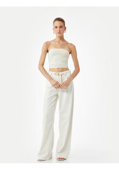 Koton Slim Fit Drape Detaylı Crop Straplez Bluz Turuncu Desenli 5sak10776ek