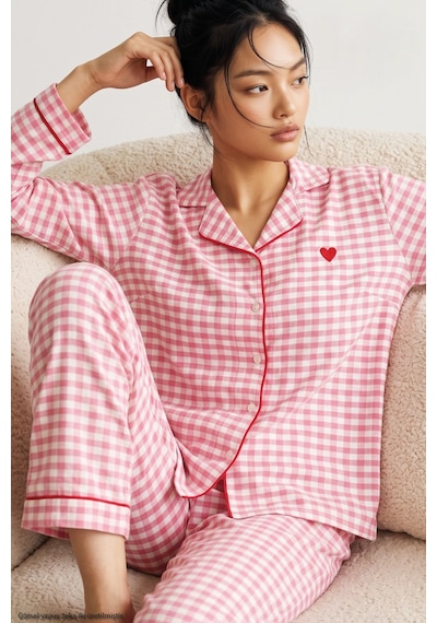 Siyah İnci Ekose Desenli Nakışlı Yumuşak Tuşe Kışlık Düğmeli Örme Pijama Takımı 8080 Pembe