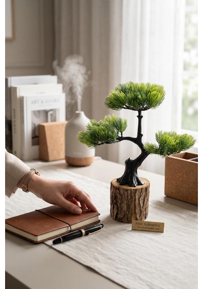 Yapay Çiçek Bonsai Ağacı Kütük Saksıda 3katlı Dekoratif Yapay Ağaç Bonzai 30 25cm Yeşil