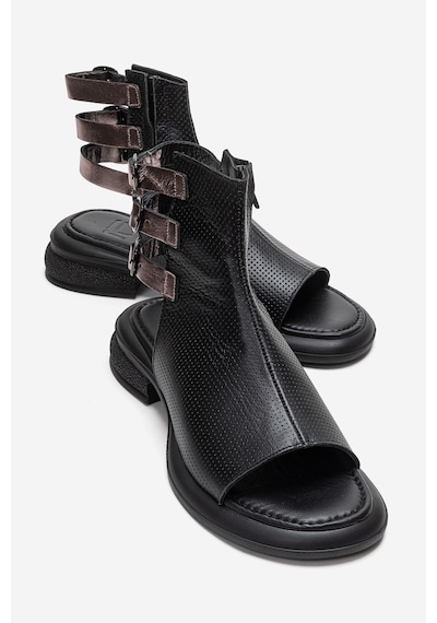 Luvishoes Carına Siyah Cilt Hakiki Deri Yandan Fermuarlı Kadın Sandalet