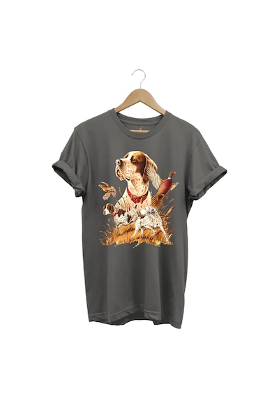 Avcılık Desenli Av Köpeği Ingiliz Pointer Setter Sülün Vahşi Yaşam Baskılı Regular Fit Gri T-shirt Antrasit