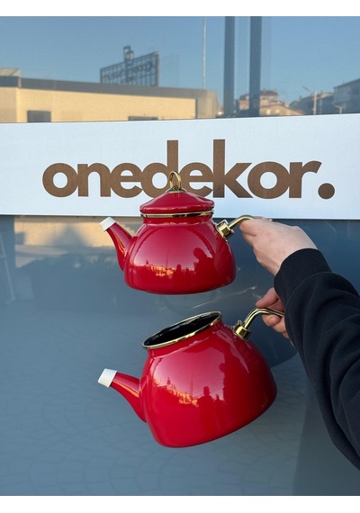 Premium Dembu Emaye Çaydanlık Demlik Seti Kırmızı Gold-5432