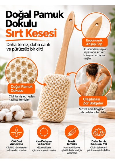 Hanex Pamuk Saplı Sırt Kesesi, Uzun Saplı Banyo Duş Kesesi, Sırt Ve Vücut Temizleme Peeling Kesesi