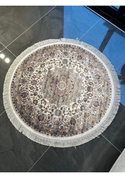 Orfe İpek Tuşeli Halı Salon Halısı, Oturma Odası Halısı, Antre Giriş Halısı Yuvarlak Bej