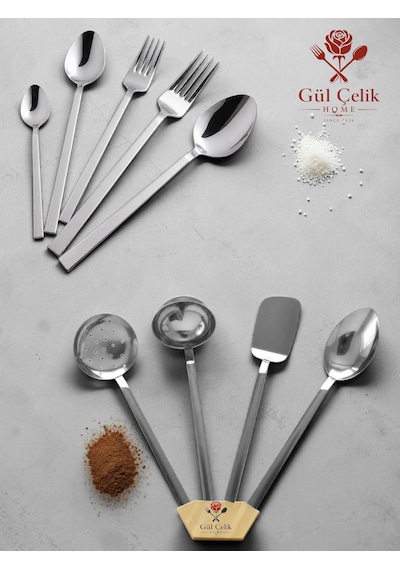 64 Parça 12 Kişilik Çelik Düz Çatal Kaşık Servis Seti Servis Takımı 18/0 Parlak Çelik