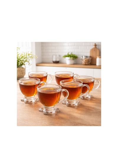 6 Lı Cam Çay Fincanı Seti 210 Ml Yıldız Ayaklı Kendinden Desenli Kulplu Çay,kahve Fincanı Takımı Şeffaf