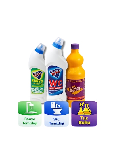Birka 3 Lü Temizlik Seti Wc Tuvalet 750 Ml + Banyo Temizleyici 750 Ml + Tuz Ruhu 1 Kg 3'lü Set