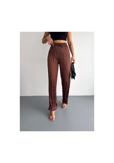 Gugus Kadın Saten Pantolon Trend Wide Leg Model Kahverengi