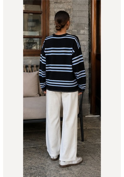 Hiccup Bıpantolon Kadın Oversize Çizgili Bisiklet Yaka Sweatshirt Siyah