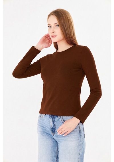 Sortie Collection Bisiklet Yaka Pamuklu Uzun Kollu Basic Penye Tişört Bluz Kahverengi