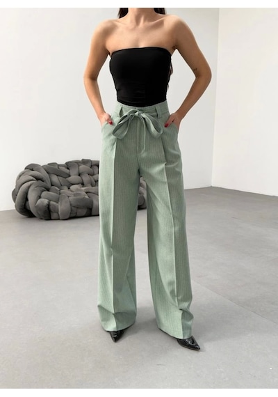 Defymoda Sante Çi Zgi Li Bel Kuşakli Palazzo Pantolon Mint