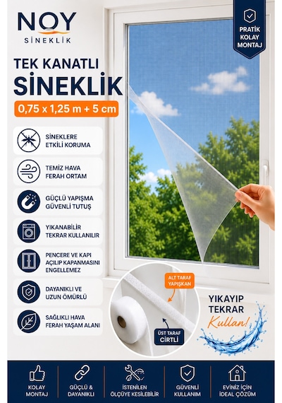 Sineklik Pencere Sinekliği Yapışkanlı Cırtlı Sinek Perdesi Yıkanabilir Tekrar Kullanılabilir 75x125 Cm