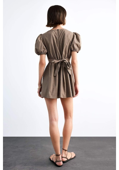 Defacto Fitted Kareli Poplin Kısa Kollu Mini Elbise F9944ax25smbn306 Kahve