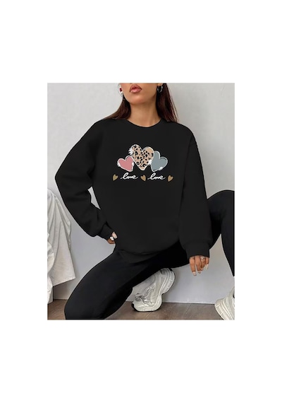 Herkesemoda Love Baskı Detaylı Bisiklet Yaka Sweatshirt Siyah