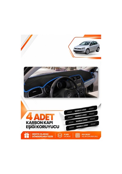 Volkswagen Golf 6 2008-2012 Uyumlu Ön Torpido Koruma Kılıfı Halısı Örtüsü - Siyah Mavi