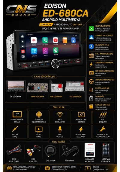 Edison Ed-680ca Android Multimedya Carplay / Android Auto Destekli - Güçlü Ve Net Ses Performansı Diğer
