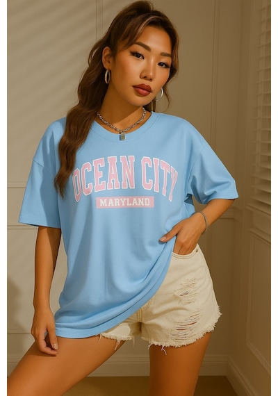 Ocean Cıty Baskılı Oversize Unisex Tişört Mavi