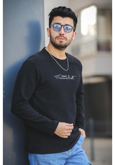Oksit Mnmlst 017 Baskılı Selanik Pamuklu Slim Fit Likralı Sıfır Yaka Erkek Sweatshirt 001