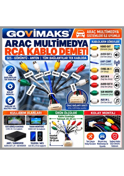 Araç Multimedya Rca Kablo Demeti Aux Vıdeo Out Cvbs In Amfi Subwoofer