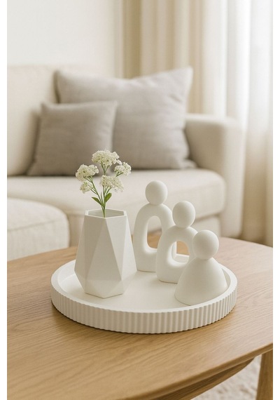 Aile Figürlü Dekoratif Set Modern Beyaz Tasarım 3 Lü Set + Vazo + Tepsi