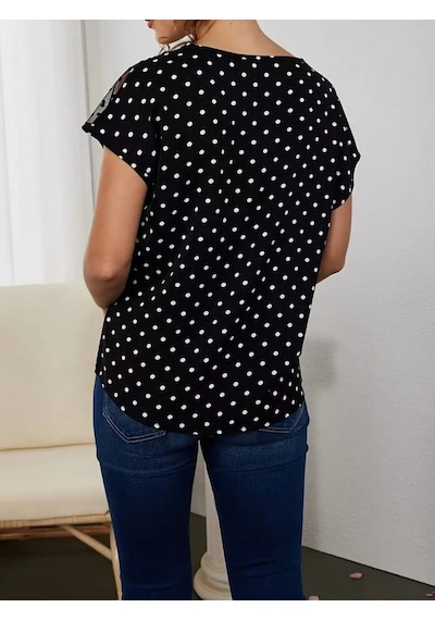 Veraura Lifestyle Kadın Kısa Kollu V Yaka Puantiyeli Krep Bluz siyah