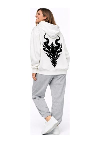 Unisex Ejderha Baskılı Beyaz Sevgili Kombini Oversize Hoodie Seti Beyaz