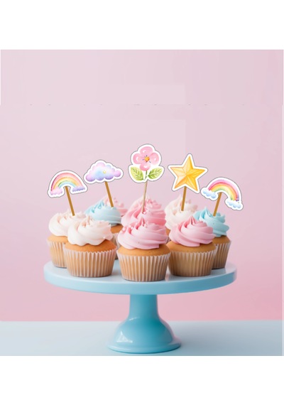 15 Adet Gökkuşağı Bulut Yıldız Pasta Kürdanı Cupcake Pasta Süsü K