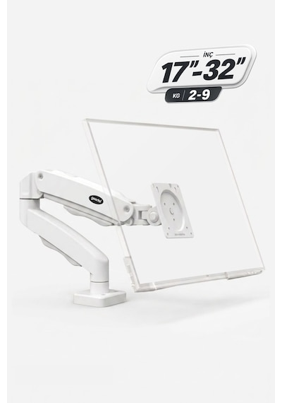 17-32 İnç Amortisörlü Monitör Kolu Tam Hareketli Vesa Uyumlu Masa Kelepçeli Monitör Standı 2-9 Kg - Beyaz