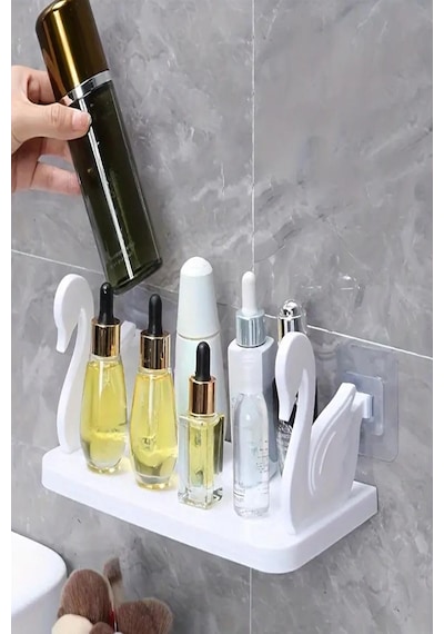 Kuğu Model Kendinden Yapışkanlı Craft Banyo Rafı Tarz Baharatlık Rafı Organizer Düzenleyici 1 Adet Beyaz