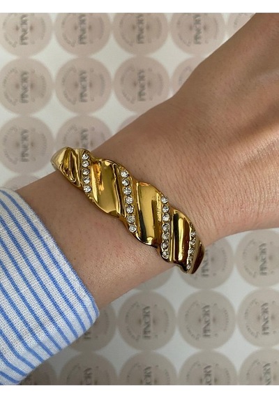 Pinery Jewels İri Taşlı Modern Paslanmaz Çelik Kelepçe Bileklik -günlük Ve Özel Altın