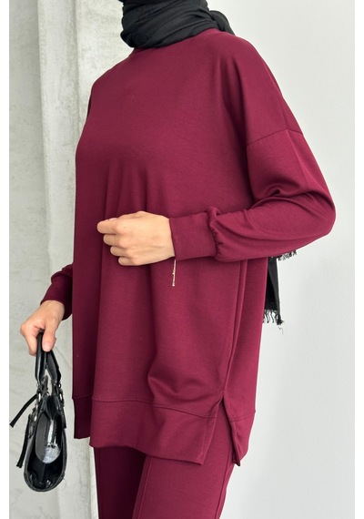 Feela Moda Kadın Modal Penye Oversize Tesettür Tunik Takım 2020 Bordo