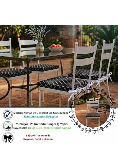 2 Adet 40x40 Cm Siyah Bağcıklı Sandalye Minderi Pamuk Polyester Mutfak Ve Bahçe Minderi