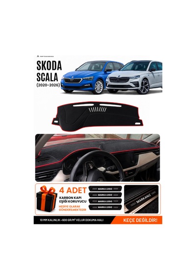 Skoda Scala 2020-2026 Uyumlu Torpido Örtüsü, Torpido Kılıfı - Siyah Kırmızı