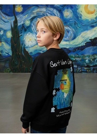 Zekids Erkek Çocuk Van Gogh Baskılı Tasarım Sweatshirt-16624 Siyah