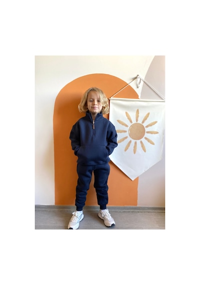 Heyadventure Erkek / Kız Çocuk Dik Yaka Sweatshirt Kanguru Cepli 3 İplik Şardonlu Lacivert Lacivert