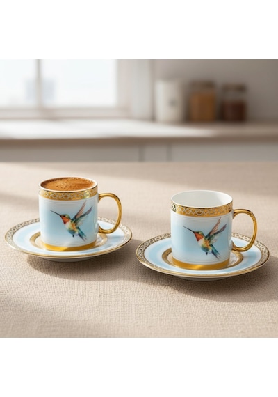 Stork Mavi Gold Renk Kuş Figürlü 6 Kişilik Porselen Kahve Fincan Takımı - 90 Ml. Mavi - Beyaz