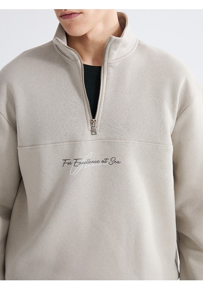 Lcw Vision Bej Dik Yaka Baskılı Erkek Kalın Sweatshirt