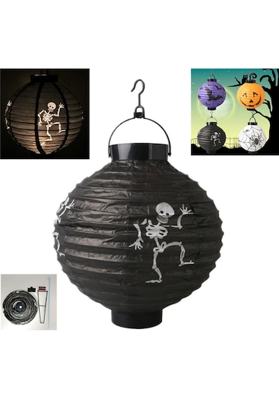 Halloween 20 Cm Led Işıklı İskelet Desenli Siyah Renk Kağıt Japon Feneri Tüm Yaşlar