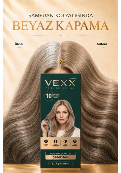 Vexx Professional Beyaz Kapatıcı Pratik Boya Şampuan Açık Kumral 8.0 Amonyaksız Formül 300 Ml.