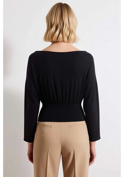 Benerly Kadın Örme Bluz Kayık Yaka Uzun Kol Fitted Kalıp Peplum Bel Detay siyah