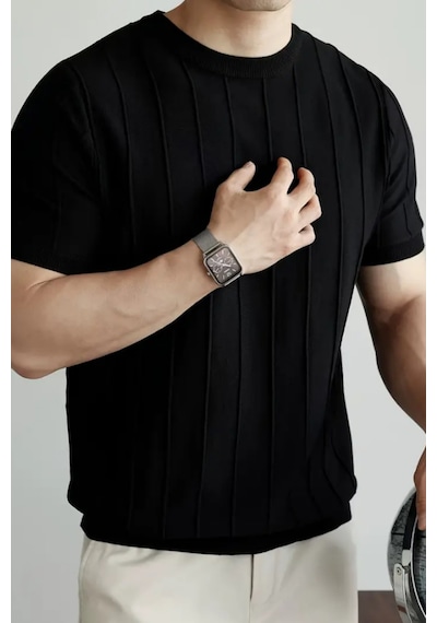 Cool Tarz Canlı Siyah Erkek Yuvarlak Yaka Örme T-shirt Canlı Siyah Canlı Siyah