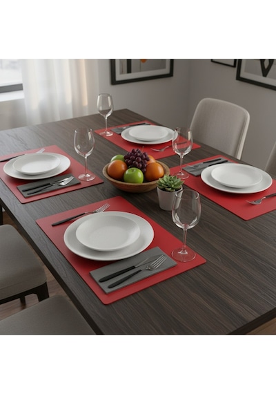 6 Kişilik 12 Parça Kırmızı Dikdörtgen Deri Amerikan Servis Supla 33x44 Cm-kolay Silinir Supla