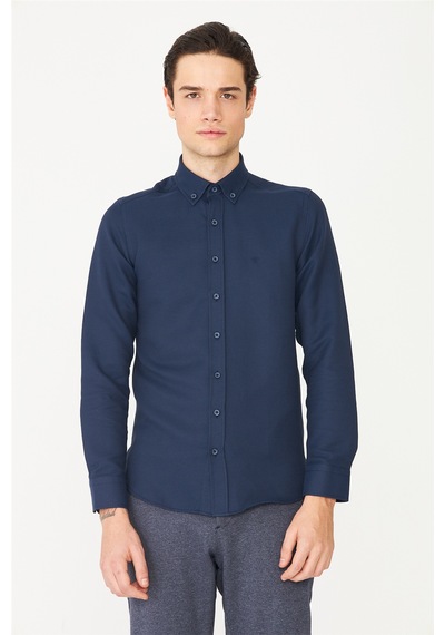 Lacivert Düğmeli Yaka Uzun Kollu Gömlek Slim Fit Laci