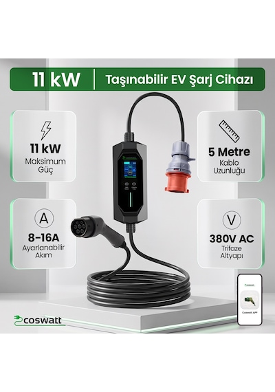 Cks Enerji Elektrikli Araç Taşınabilir Şarj Istasyonu 11 Kw / 16a / Tip-2 / 5x16a Fiş / Trifaze / 5m / Çantalı / Ev Tipi Dönüştürücü Kablolu Türkçe Menü 11 Kw