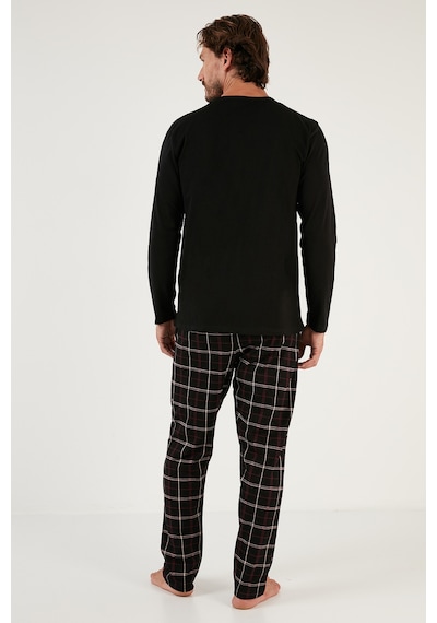 Buratti Ekoseli Cepli Beli Lastikli % 100 Pamuk Regular Fit Erkek Pijama Takımı 6572001 Siyah