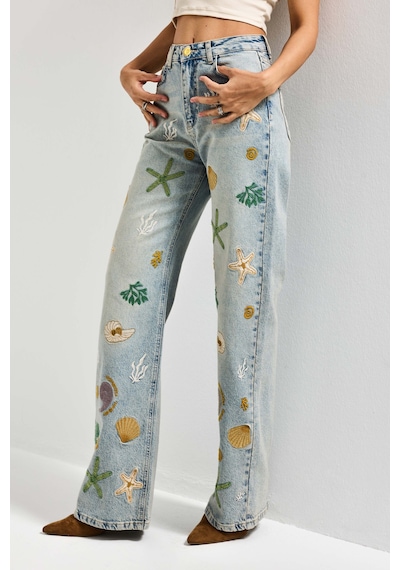Itsbasic Kadın Kot Rengi 4s6-65 Straight Fit Elastan Kumaş Özel Desen Nakışlı Tasarım Denim Jean Mavi